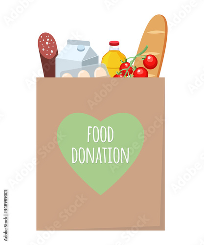 Food donation concept. Vector food donation craft bag with different products in it. Delivery of the product during quarantine. Flat vector illustration isolated on white background.