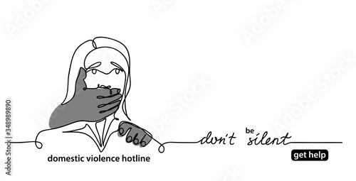 Anti domestic violence campaign simple minimalist concept. Web banner, background, illustration with a woman and mans hand that closes her mouth. One continuous line drawing.