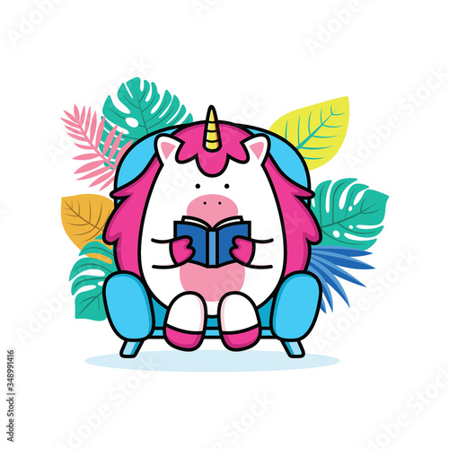 unicorn reading a book in sofa