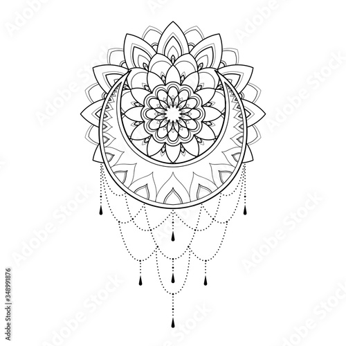 Ethnic mandala with moon and flowers for greeting card, invitation, Henna drawing and tattoo template. Moon