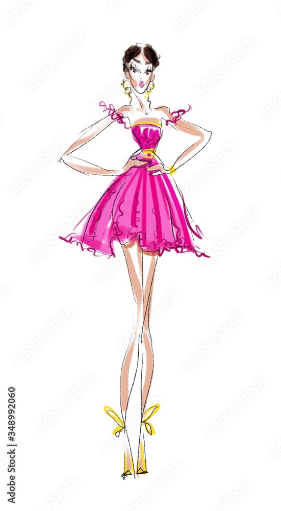 creative sketch of a fashionable beautiful girl with very long legs in a bright pink dress for decoration 