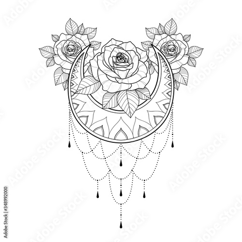 Ethnic lotus mandala with moon and roses for greeting card, invitation, Henna drawing and tattoo template. Moon
