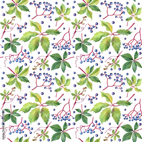 Seamless pattern with watercolor grape leaves and berries. Wild grapes. Perfect for greetings  invitations  manufacture wrapping paper  textile  wedding and web design. Raster illustration.