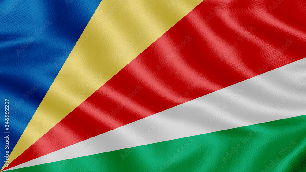 Flag of Seychelles. Realistic waving flag 3D render illustration with highly detailed fabric texture.