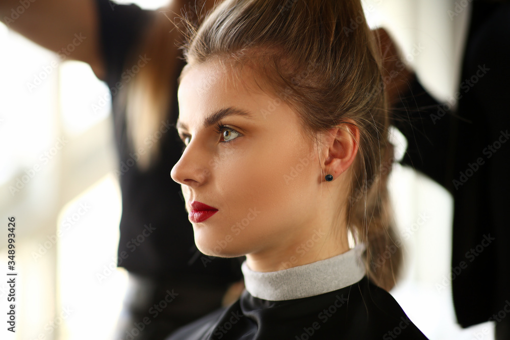 Young Woman Client Getting Haircut in Beauty Salon Young Woman Client Getting Haircut in Beauty Salon