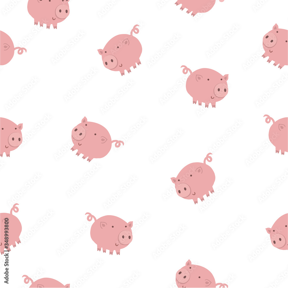 Flat cute pigs collection. Seamless pattern of piggy isolated on white background. Cartoon vector illustration for childish decoration clothes, patterns, stickers, cards, fabric, textile