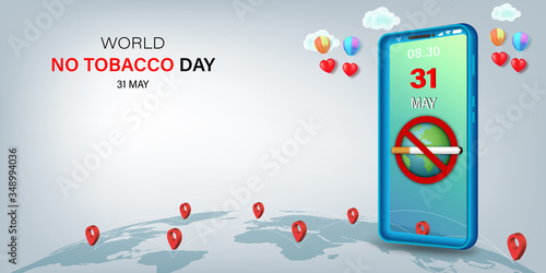 Calendar 31 May alert on mobile, world NO TOBACCO DAY, Vector Illustration.