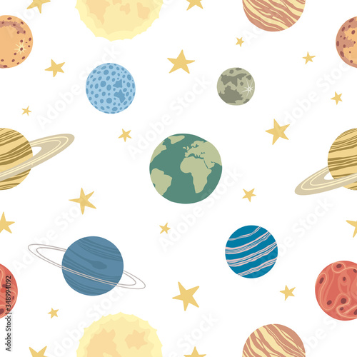Vector seamless pattern of the planets of the Solar System in flat style. Cartoon childish The Solar System. Cute, adorable the sun, earth, mercury, venus, saturn, neptune, mars, jupiter, uranus