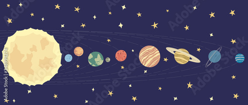 Vector hand drawn illustrations of the planets of the Solar System in flat style. Cartoon childish The Solar System. Cute, adorable the sun, earth,mercury,venus,saturn, neptune, mars, jupiter, uranus