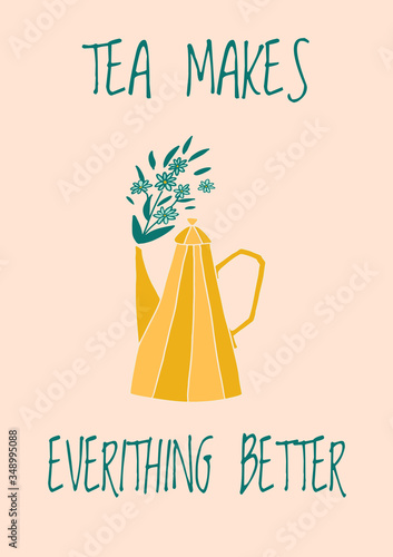 Vector collection of postcard in teatime subjects. Set of posters with teapot, kettle and lettering. Perfect for greetings, cards, congratulations, warm wishes, tea shop or store