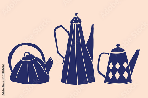 Hand drawn flat set of tea cup, teapot berries and herbs. Cartoon vector collection of cute tea mug, in teatime subjects. Perfect for greetings, cards, posters, congratulations, tea shop or store