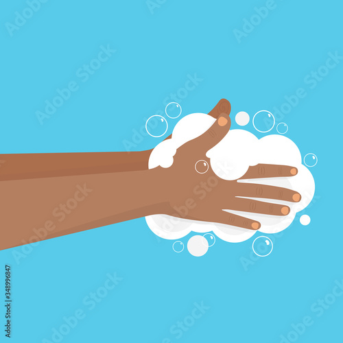 Black Soapy Hands in vector flat style. Washing hands in a public place with black people. 
Personal hygiene by hand washing. Vector Illustration.