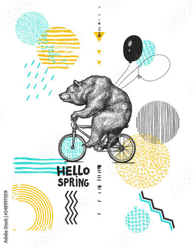 Bear with Balloons Rides Bicycle. Wearing Facial Mask. Hello. Spring Sarcasm Poster. T-shirt Print. Vintage Mascot Cute Fun Grizzly Cycle Bike Isolated on White. Blackwork Tattoo Animal Character 