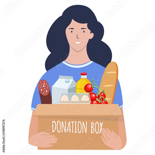 Young woman carries a box of food. Social care, volunteering and charity concept. Delivery of donated food home by service volunteers. Flat vector illustration isolated on white background.