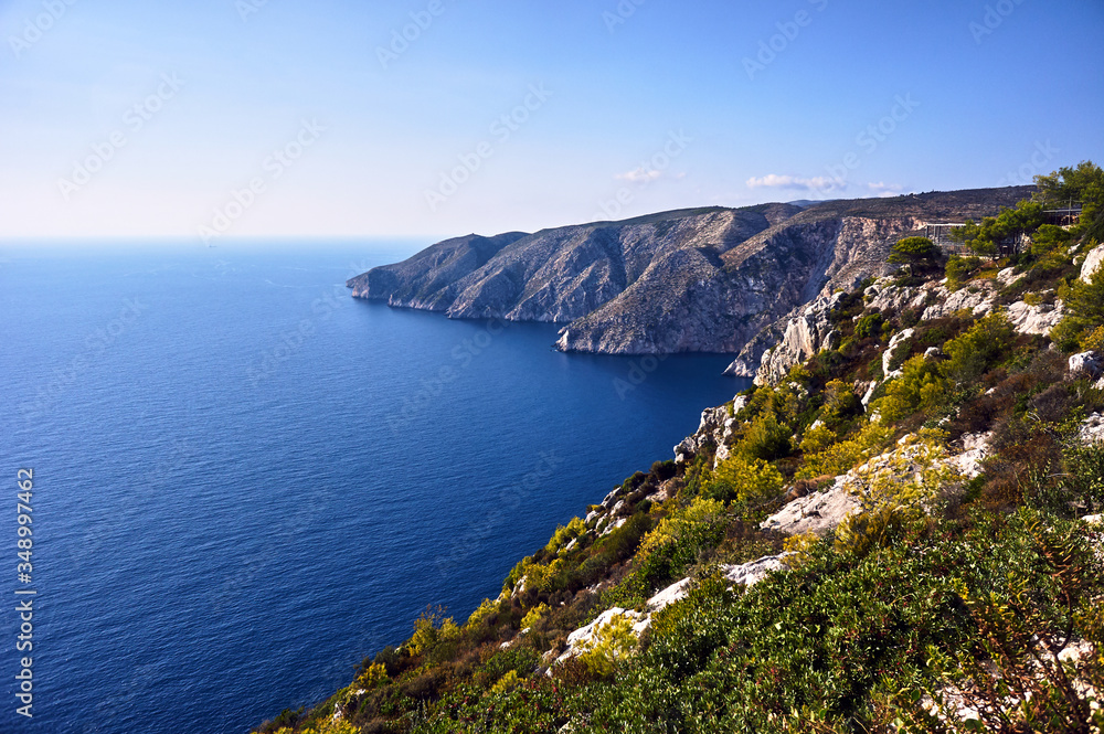 Coast with a rocky cliff on the island of Zakynthos..
