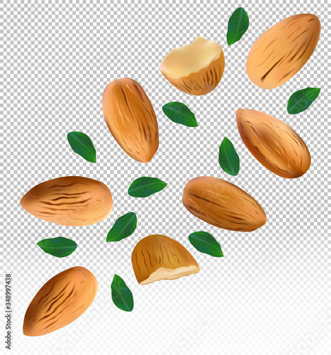 Almonds nuts with green leaf on transparent background. Almond flying from different angles. 3D realistic nuts rich in vitamins. Natural product. Vector illustration.