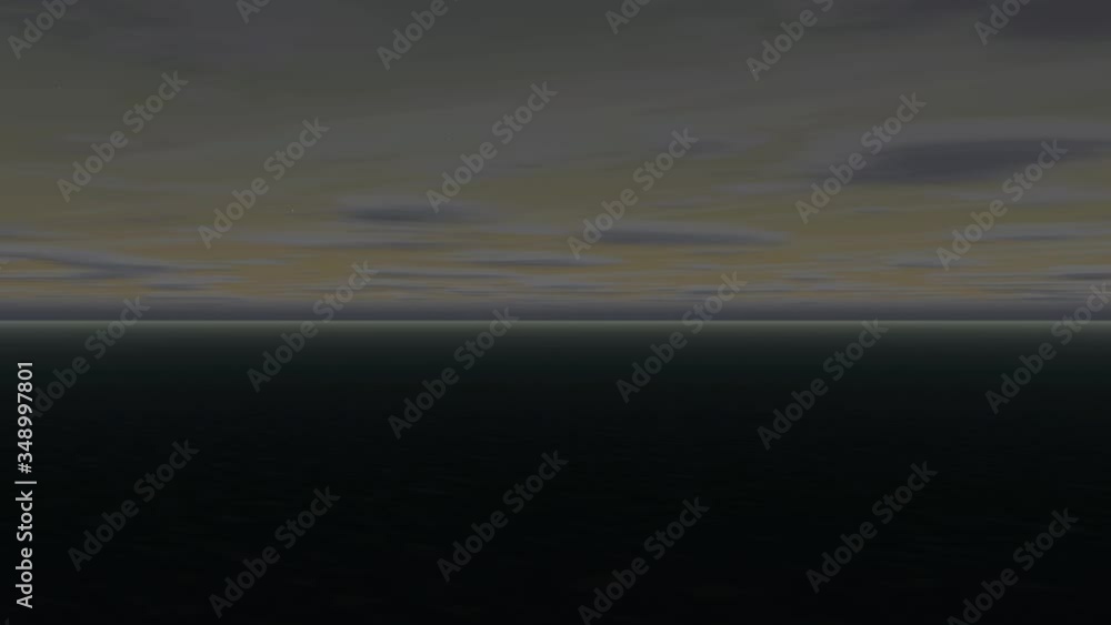 Nave espacial ascendiendo al cielo por la noche madrugada con el mar y el cielo, destellos final animación 3d