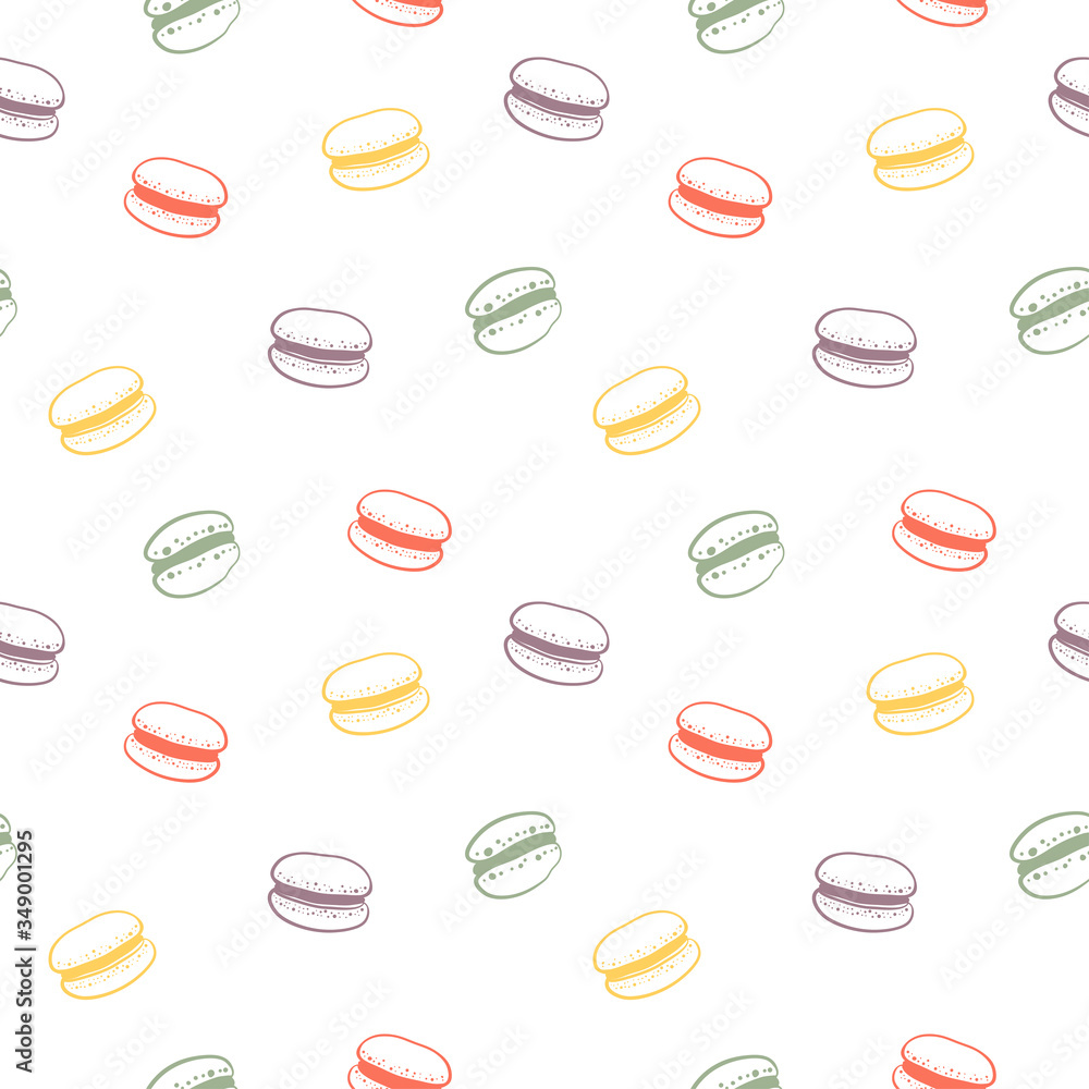 Seamless pattern with macaroons. Colorful set of desserts in sketchy style isolated on white background. Doodle hand drawn desserts and pastry. Vector illustration