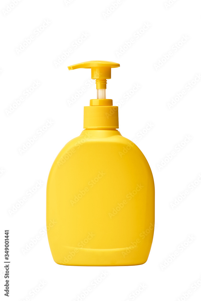 Yellow Plastic pump soap bottle without label isolated on white background Yellow Plastic pump soap bottle without label isolated on white background