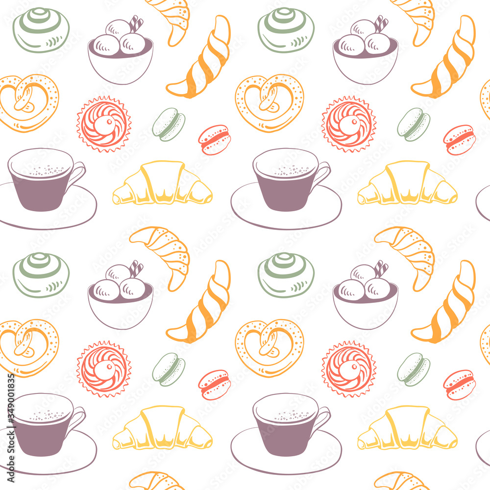 Seamless pattern with coffee, sweets, pastry. Colorful set of desserts in sketchy style isolated on white background. Doodle hand drawn desserts and pastry. Vector illustration
