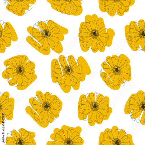 Black hand-drawn flowers vector on yellow scribble isolated seamless pattern