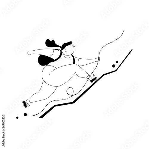 Young business woman climbing on the mountain using a rope. Concept of business challenge. Vector flat design illustration.
