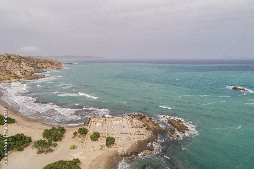 Aerial drone viiew of Agios Stefanos Beach in Kos Greece