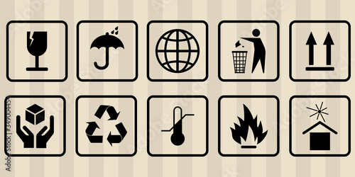 FRAGILE MARK label, box signs, shipping mark, package markings, stamp fragile label. FRAGILE set contain this way up icon, keep dry icon. Fragile box, cargo warning signs. illustration