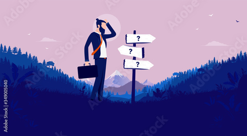 Business decision - Modern businessman standing in front of signpost showing different directions. Career uncertainty, choices, and unknown future concept. Vector illustration.
