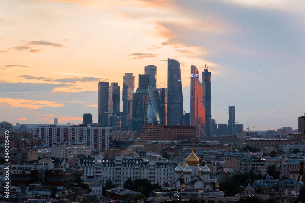 Incredible evening panoramic view of the center of Moscow . Moscow city towers Incredible sunset over Moscow.