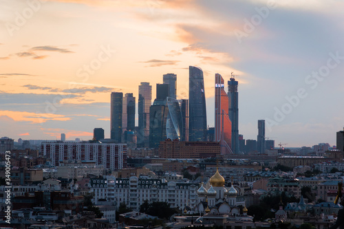 Incredible evening panoramic view of the center of Moscow . 
Moscow city towers
Incredible sunset over Moscow.
