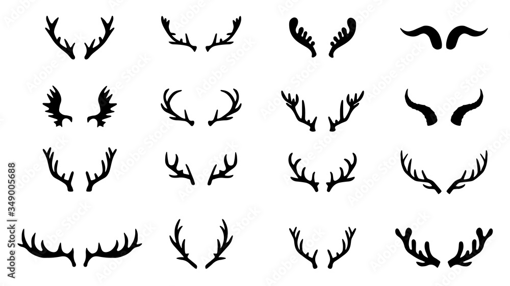 Naklejka premium Black silhouettes of different deer horns, vector illustration.