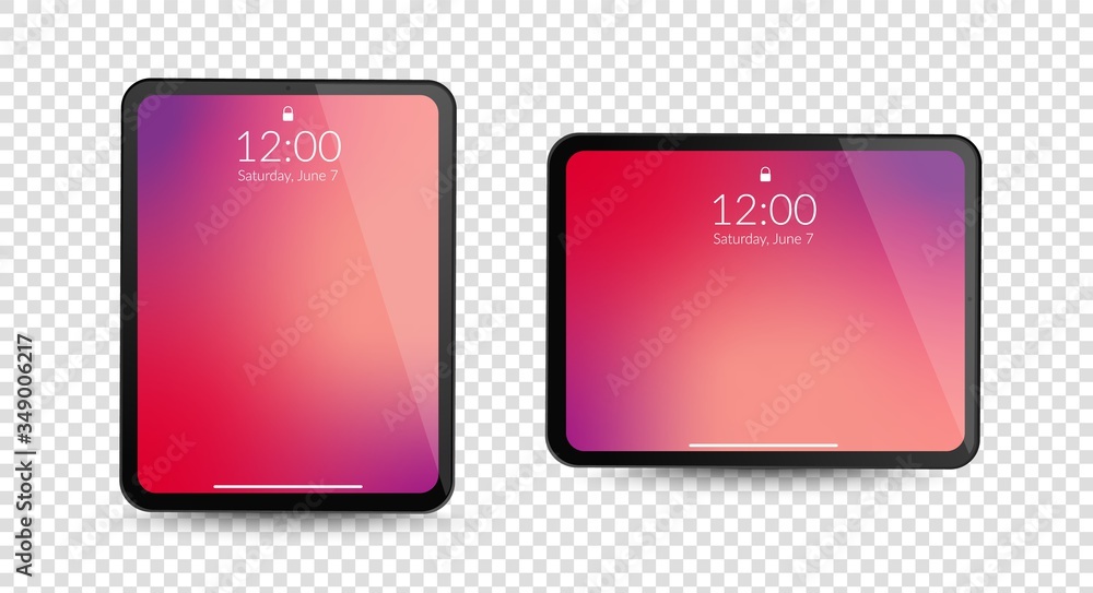 Tablet computer gadgets. Horizontal and vertical screen display. Realistic black digital device mockup. Equipment vector concept on transparent background - obrazy, fototapety, plakaty 