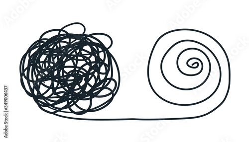 Unraveling chaos tannle. Psychotherapy hand drawn concept. Messy flat line. Chaos path