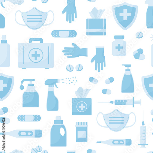 Medicine seamless pattern, blue objects isolated on white background. Vector illustration