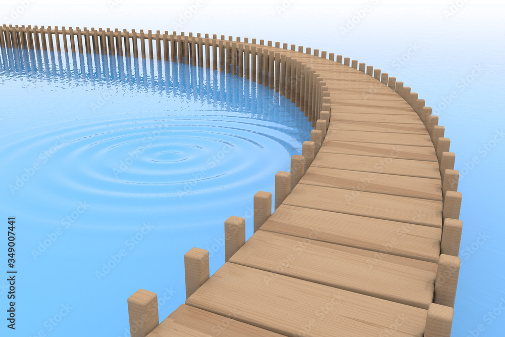 Curved pier. Long bridge. Ripples. 3D illustration