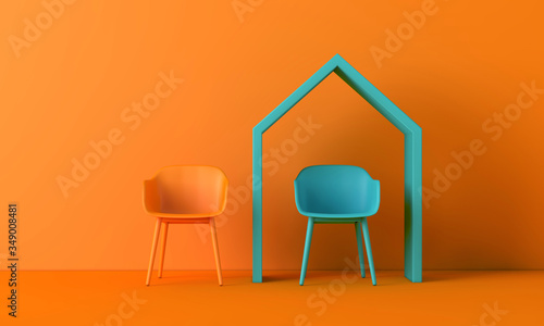 Working from home concept office chair under a house shape. 3D Rendering