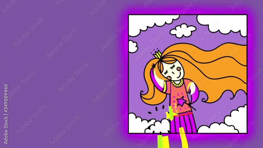 sweet long haired princess holding a star forming with colors falling into an outlined figure on an isolated square creating picture similar to a bedtime story book cover sweet long haired princess holding a star forming with colors falling into an outlined figure on an isolated square creating picture similar to a bedtime story book cover