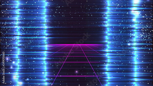 Cyberpunk glitch background. Blue neon distortion. Distorted TV or VHS signal. Dark starry sky with pink 80s grid. Retrowave style backdrop. Synth wave party flyer template. Stock vector illustration