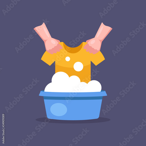 wash clothes in a basin with hands. flat vector illustration.