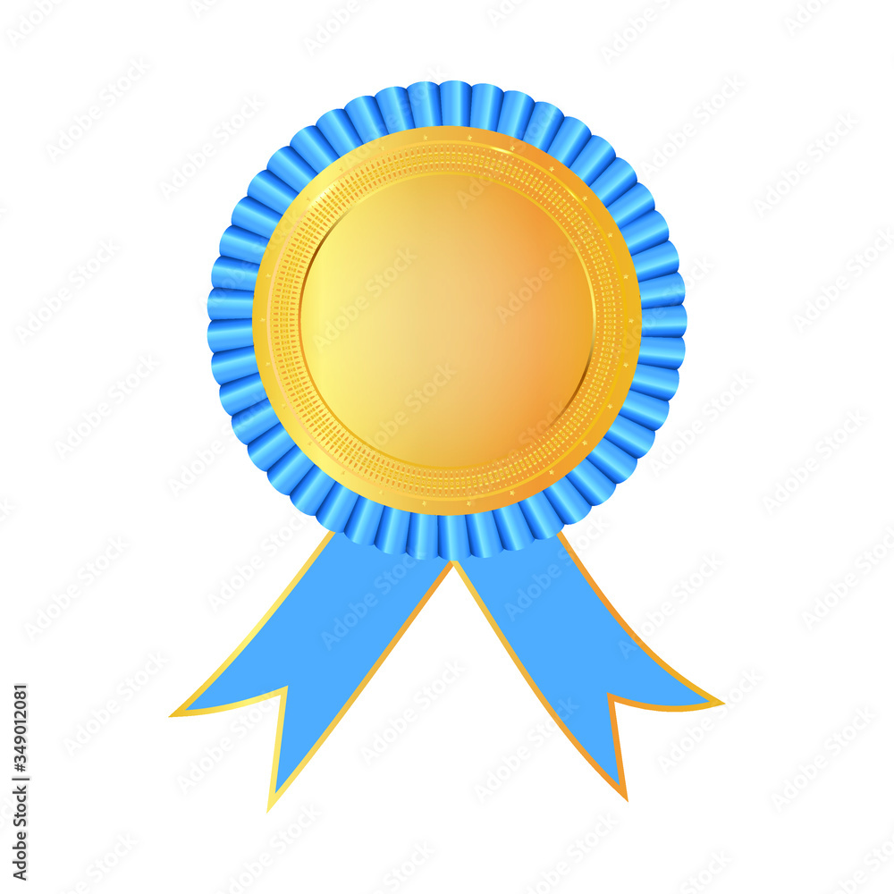 Award rosette gold and blue color with ribbon. Symbol of winner celebration, best champion achievement. Blank rosette element. Stock vector illustration on white isolated background. Award rosette gold and blue color with ribbon. Symbol of winner celebration, best champion achievement. Blank rosette element. Stock vector illustration on white isolated background.