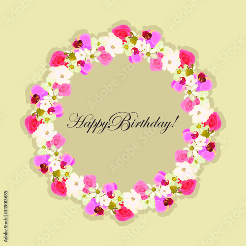 Happy Birthday! Greeting card with a frame of flowers roses, orchids, daffodils. On white background. eps10 vector stock illustration.