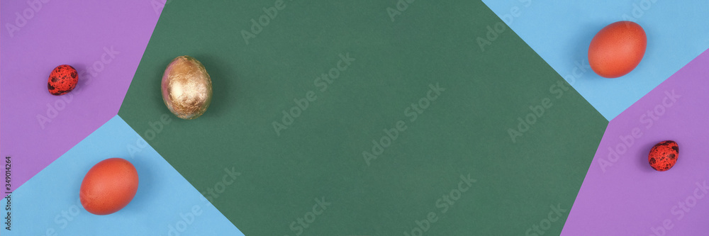 Abstract banner with bright geometric shapes and easter eggs. Close-up, protrusion from above. There is a place for inscription. Abstract banner with bright geometric shapes and easter eggs. Close-up, protrusion from above. There is a place for inscription.