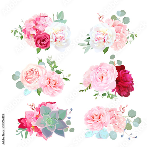 Small wedding bouquets of peony, hydrangea, camellia, rose, succulents