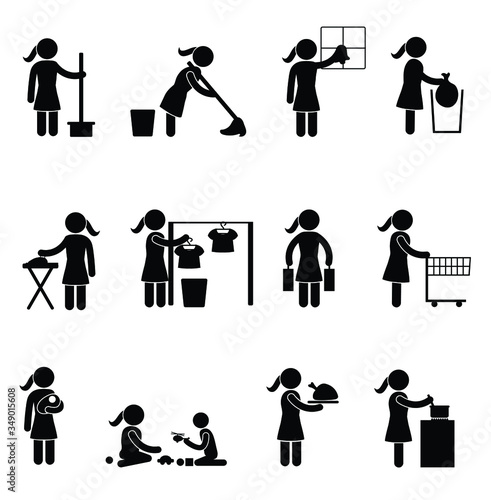 Stick figure woman maid mother doing chores stay at home pandemic