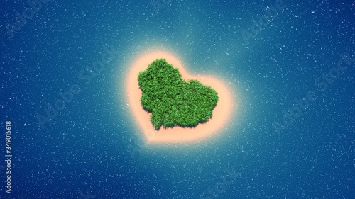 Paradise tropical island in the shape of heart. 3D-rendering.