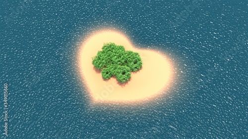 Paradise tropical island in the shape of heart. 3D-rendering.