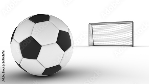 Soccer ball lies against the gate. Isolated on white background. 3D-rendering.
