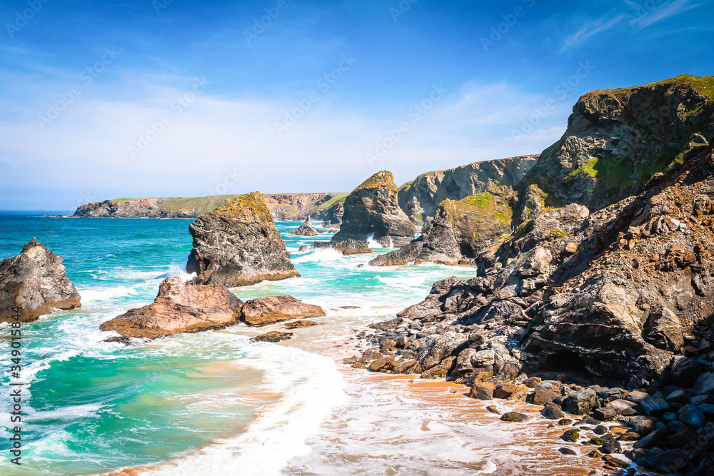 Famous Bedruthan’s steps in Cornwall, UK Famous Bedruthan’s steps in Cornwall, UK