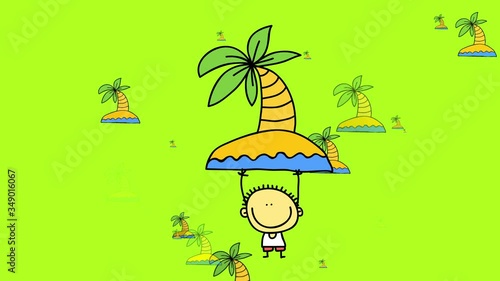 kid wearing summer clothes on a dream like place with palm trees on lost paradise islands floating in the background like flyes fading and appearing photo